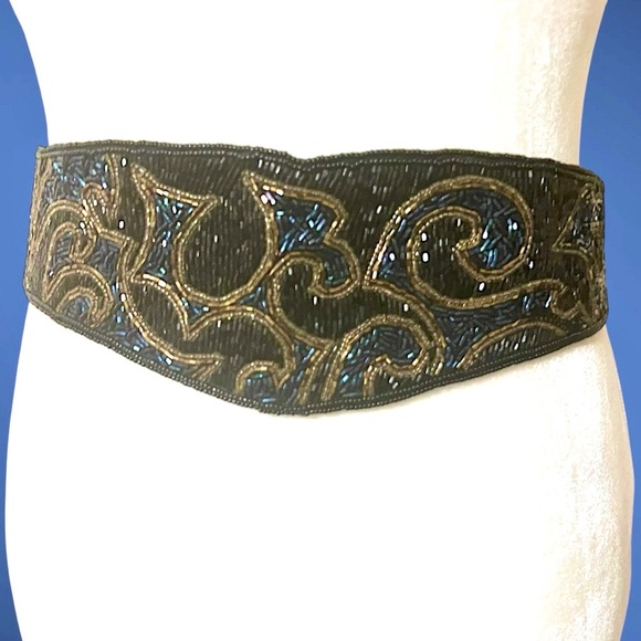 Vintage beaded belt cummerbund style black navy gold ties in back EUC
